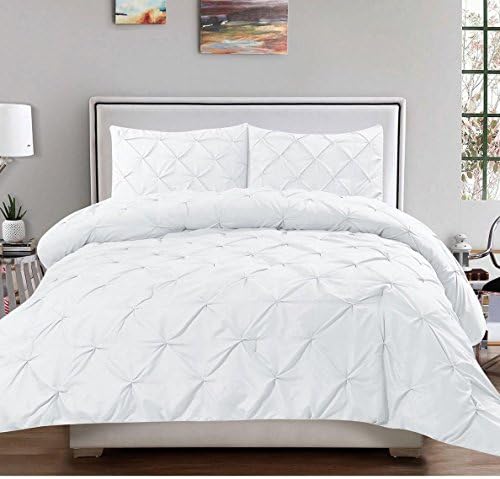 3pc White Pintuck Queen Size Duvet Cover Set, Microfiber, Tufted Puckered Pinched Diamond Pleat Textured Sleek Stylish Rich Bedding Solid Pinch Pleated Pintucks Tufting