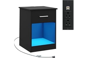 Reettic Nightstand with Power Outlets and LED Strip, Sofa Side Table with Charging Station and USB Ports, Wooden End Table, A Drawer & Opening Shelf, Black RCTG101BEL