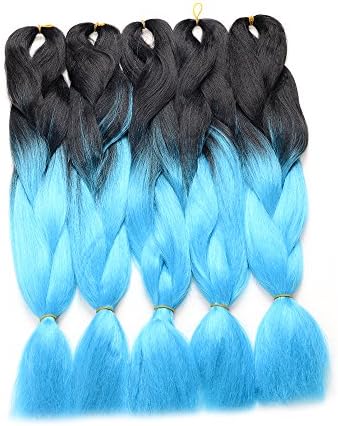 WIGENIUS 5 Pieces Jumbo Braid Synthetic Hair 24 Inches 100g Kanekalon Hair Braiding Extensions (6PCS, Black/Blue)