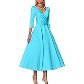 ALLENIDIA A Line Sleek Satin V Neck Tea-Length 3/4 Sleeve Wedding Guest Dresses for Women with Pleats LZ014