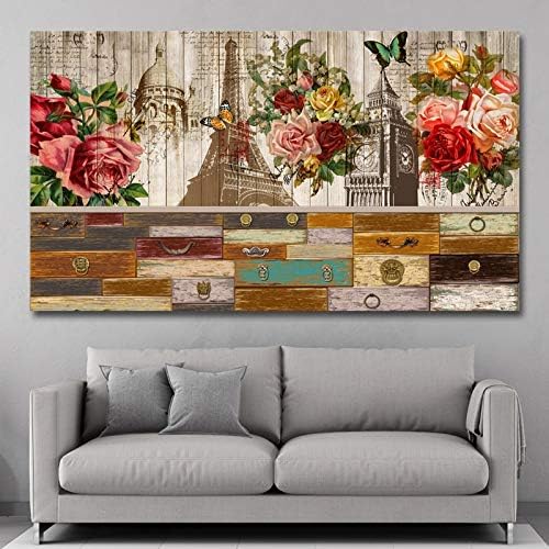 jiushice Frameless Eiffel Tower Flower Woodlike Canvas Painting Modern Wall Art Poster And Prints Picture Home Decoration For Living Room 50x90cm
