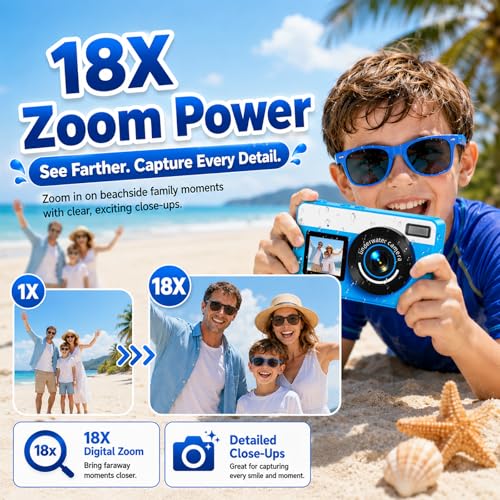 Maxmango D70 4K Macchina Fotocamera Subacquea - 48MP 10FT Fotocamera Digitale Impermeabile per Snorkeling - Doppio Schermo Compatta Galleggiante con 32GB - Batteria 1200mAh per Bambini e Ragazzi (Blu)