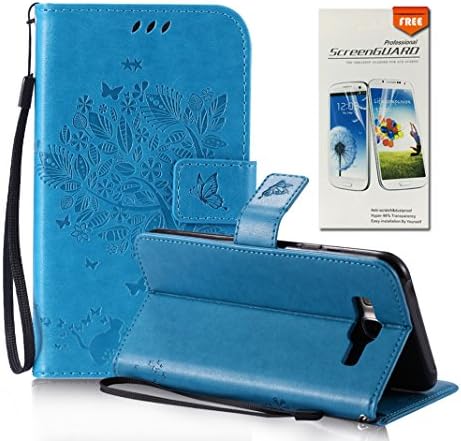 OuDu Tree&Butterfly Printing Pattern Case for Samsung Galaxy J7 2015 SM-J700F PU Leather Cover Flip Wallet Shell Stand Function Bumper with Card Slots - Blue (Gift:1 Screen Protector)