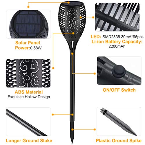 IDEER LIFE Solar Torch Lights, Waterproof Flickering Dancing Flames Torches Light, 96 LED Super Bright Landscape Decoration Lighting Dusk to Dawn, Auto On/Off Tiki Torch for Outdoor Decoration, 4 Pack