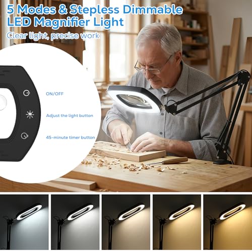 Moko 15 x 30 x Magnifying Glass with Light and Stand, Table Lamp with Clamp, Search with 5 Colour Modes, Continuous Adjustable LED Light, Table Magnifying Glass for Work, Black