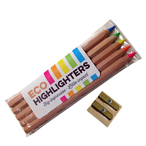 Eco Highlighter Pencils Set of 5 Colors Will Not Bleed or Dry Out Includes Wooden