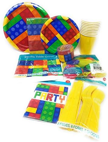 PartyDeiz Building Blocks Birthday Party Supply Kids Bundle -Dinner &amp; Luncheon/Dessert Plates, Napkins, Cups, Plastic Cutlery, Table Cover, Invitations, Balloons &amp; Streamer. Happy Birthday Set