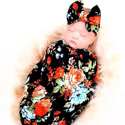 Little Jump 3 Sets Nerborn Receiving Blanket and Headband Set Flower Print Baby Swaddle Wrap Floral Baby Blankets for Girls and Boys.