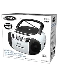 Jensen CD 545BW reproductor de cassette de CD MP3 y radio AM FM de carga superior, y grabadora Boombox Home Audio, Aux, auriculares