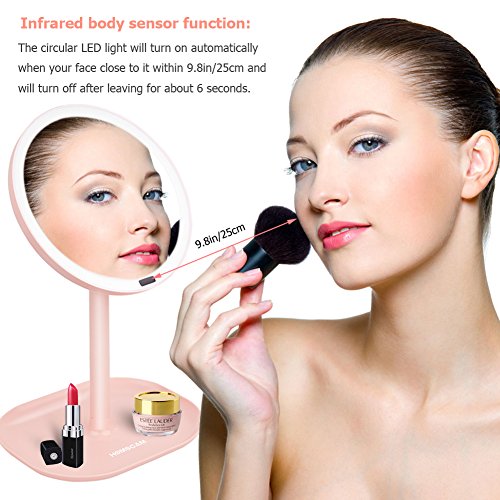 Vanity Mirror with Vanity Lights Makeup Mirror with Infrared Body Sensor LED Lighted Make Up Mirror 360 Degree Free Rotation Table Countertop Vanity Mirrors (Pink)