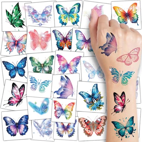 CHARLENT Glitter Butterfly Temporary Tattoos for Kids - 74 Individually Sheets Watercolor Butterfly Tattoos for Kids Birthday Decorations