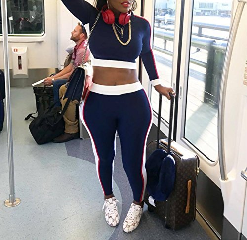 Women's Blue 2 Piece Outfits Clubwear Long Sleeve High Waist Leggings Sets