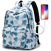 School Backpack, College Middle High Student Laptop Backpack, GENTFOX Water Resistant Tarvel Computer Bag with USB Charging Port, Fit 15.6 inch Notebook (Blue Maple Leaf)