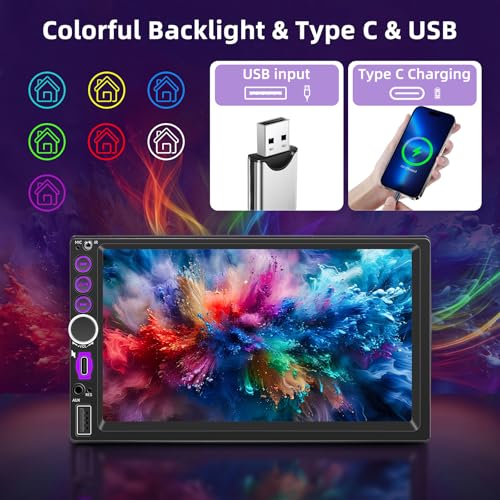 2 DIN Car Radio with CarPlay Wireless and Android Car, 7 Inch Touchscreen Screen, Bluetooth 5.0 Car Radio with Rear Camera, Mirror Link, Type-C, SWC, FM, EQ, GPS Navigation