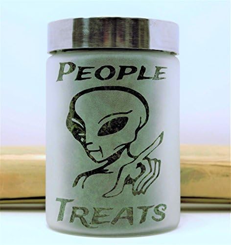 Treats Canister with Alien and People Treats Design - Candy & Edibles Storage - Fun Cookie Jar - Herb Accessories & Stash Jars - 420 Gifts and Sci-Fi Kitchen Decor Accessories - Canna Dispensary & Curing Jar