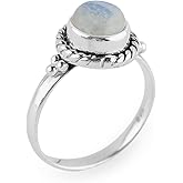 ARTISANJEWELS 925 Sterling Silver Ring, Natural Rainbow Moonstone Gemstone, Solitaire Hypoallergenic Jewelry, Polished Stone, Healing Crystal, Handmade Bohemian Rings, Gift for Women, US-8