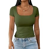 Dwnval Womens Summer Sexy Square Neck Tops Double Lined Short Sleeve Shirts Slim Fit Crop Top