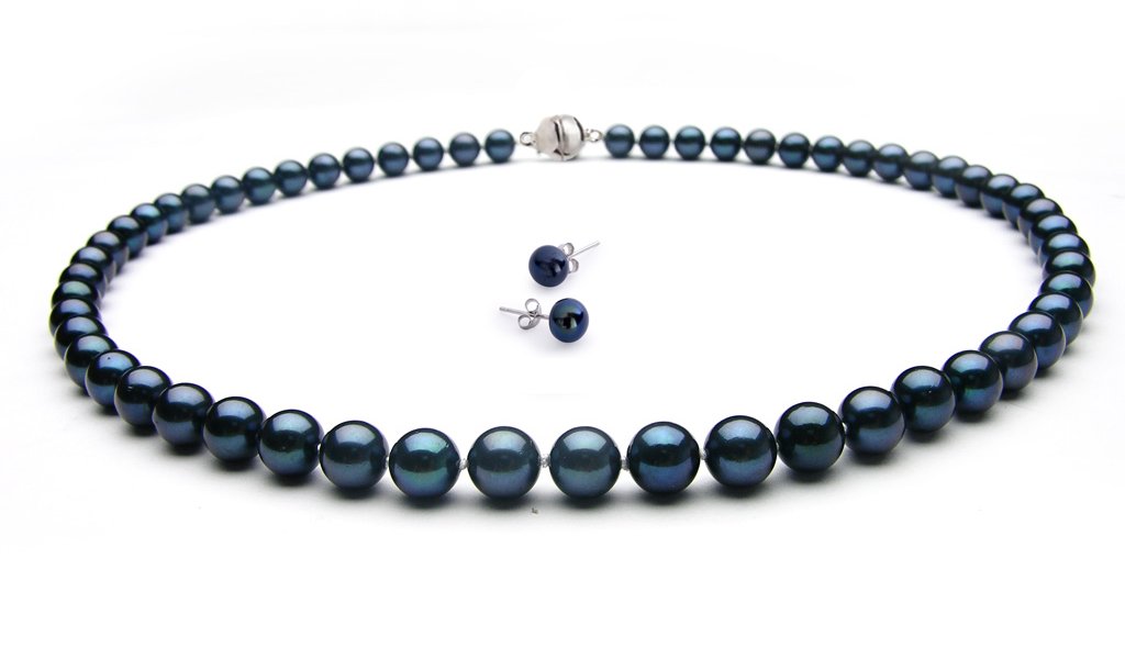 Treasure Bay Women's Pearl Necklace Set AA Grade 8-9mm Black Freshwater Pearl Necklace and Stud Earrings Pearl Jewellery set for ladies and Girls (18 In/46cm)