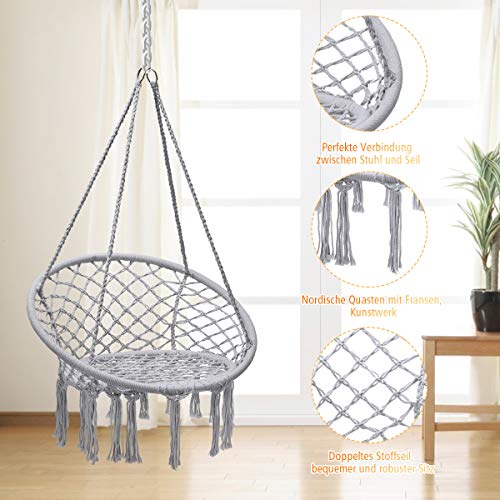 COSTWAY Hängesessel Hängestuhl zum Aufhängen, Hängesitz belastbar bis 150 kg Hängeschaukel 80x60x125cm (Grau) – Bild 4