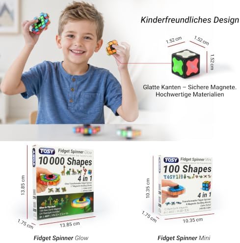 Magnet Fidget Spinner Glow – 16 Bausteine, 3-in-1: verwandelbarer Fidget-Spinner, Infinity-Würfel, 2x2 Puzzlewürfel, Leuchtend, Anti-Stress, STEM-Magnetspielzeug