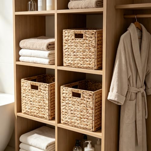 BSJIASHIWEI 2 Pack Water Hyacinth Storage Baskets, Decorative Handwoven Wicker Baskets with Handles, Foldable Organizer Baskets for Home Storage, 30cm x 30cm x 30cm