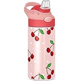 JUMBEAR Cherry Water Bottle with Straw Lid, Leakproof Double Walled Vacuum Insulated Stainless Steel Thermo Flask Travel Tumbler for Kids, Girls