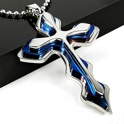 LifeDawn Stainless Steel Cross Pendant Men's Necklace Chain (Blue)