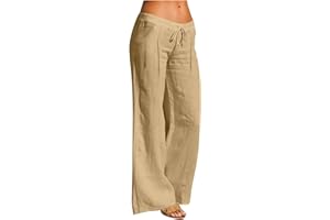 Wide Leg Cotton Linen Pants Drawstring Casual Loose Fit Trousers for Women Solid Summer Bottoms Versatile Beach Travel