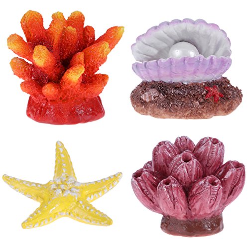 UEETEK 4 Pack Artificial Coral Plant Seastar Shell Decor Aquarium Reef Ornament Resin Crafts Decoration for Fish Tank
