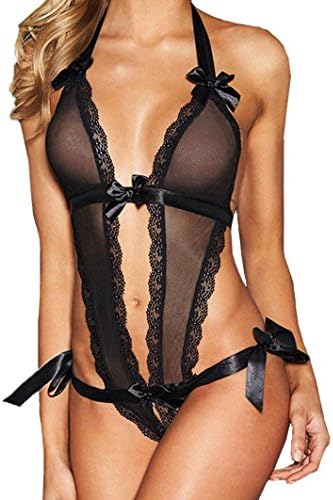 Women Sexy Lingerie Siamese Daoroka Ladies Bandage Deep V Backless Lace See Through Babydoll Pajamas Bodysuits Underwear (2XL, Black)