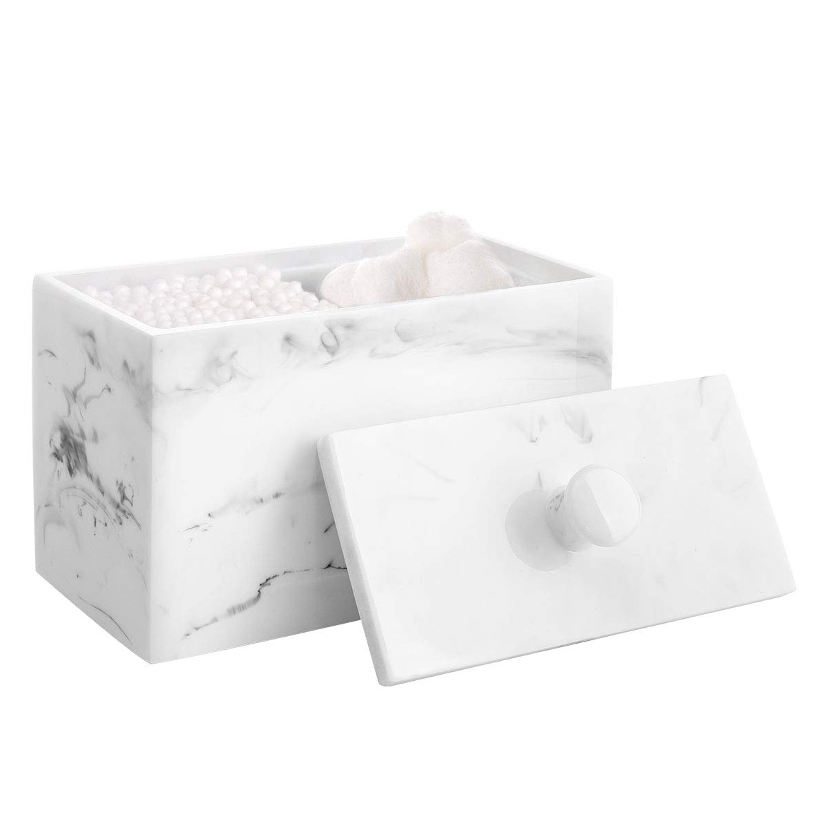 Luxspire Cotton Bud Holder, Resin Cotton Swab Holder Makeup Pads Container Cotton Ball Box Bathroom Jar with Lid, 2 Compartments Q Tips Holder Cotton Buds Dispenser Makeup Organizer, Marble White