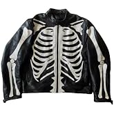 Men's Leather Jacket Motorcycle Skeleton Biker Genuine Cowhide Leather Jacket Skeleton Bone Leather Jacket, Black and White