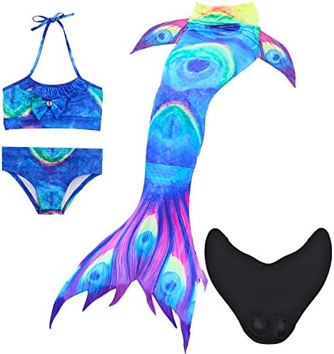 HARDKING Mermaid Tails for Swimming with Monofin Mermaid Swimmable Costume Swimsuit for Girls 4Pcs Sets