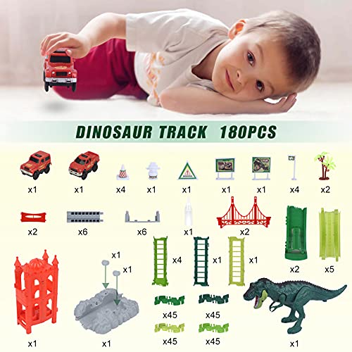 Dinosaur Toys Race Track Set 239 PCS , Flexible Train Tracks with With 1 elevator, 1 spray dinosaur,1 Ferris wheel (360 Degree Rotation),1 Bridge,2 Electric Cars ,Best Gift for kids Boys and Girls