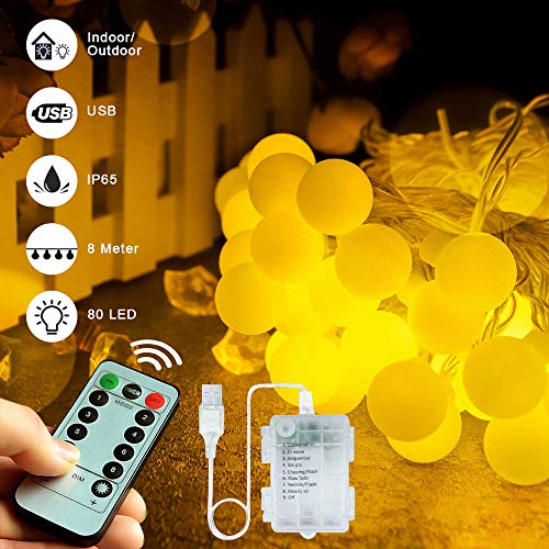 Led String Lights 80 LED Globe Fairy Lights IP65 Waterdichte Batterij Aangedreven Party Lights met Remote Timer voor… - Afbeelding 3