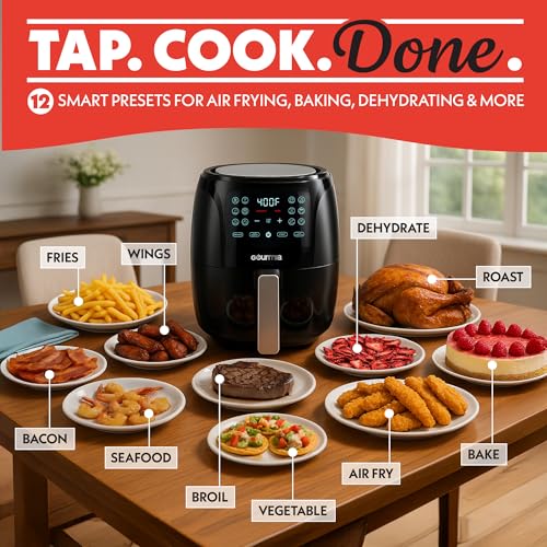 Gourmia Air Fryer 6QT Digital - Cocina guiada con 12 ajustes preestablecidos de un solo toque, cesta grande XL FryForce360, pantalla táctil, accesorios aptos para lavavajillas, cocina saludable sin aceite GAF686