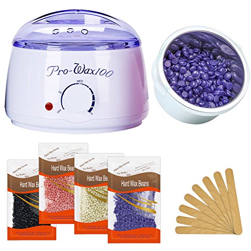 Wax Warmer Hair Removal Home Waxing Kit - Electric Pot Heater for Rapid Waxing of All Body, Face, Bikini Area, Legs with 4 Flavor Hard Wax Beans & 10 Wax Applicator Spatulas (At-home Waxing)