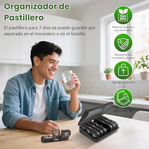 Organizador de Pastillero Semanal, Pastillero para 7 Día de Píldoras Portátil, tres veces al día, protección de privacidad negra Estuche de pastillas AM PM para medicamentos, vitaminas, aceites de pescado, suplementos