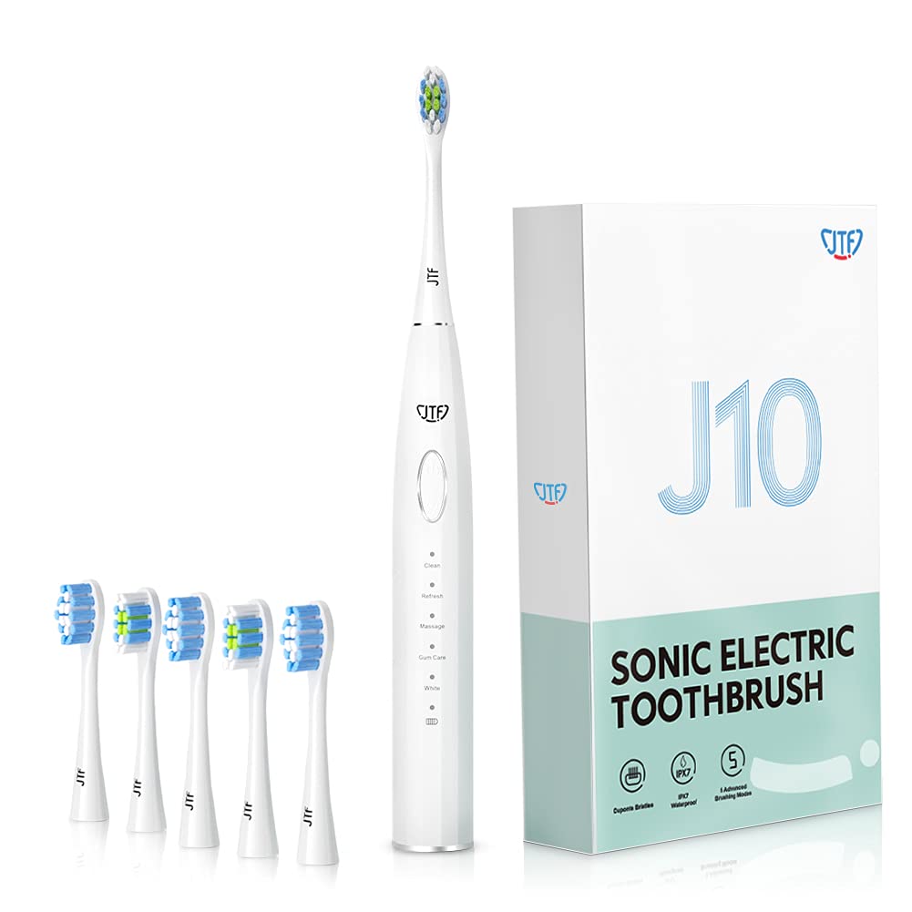 Electric Toothbrushes for Adults and Teens,JTF Sonic Toothbrush with USB Rechargeable, 4 Hours Charge Lasts Up 90 Days Use 5 Optional Modes 2 Min Smart Timer, 6 Replacement Toothbrush Heads(White)