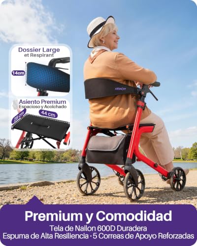 Kekoy K2 Elderly Walker with Aluminum Folding Seat, Height Adjustable, 400 lbs Load, Adult Walkers with 44cm Seat Cushion, Backrest and Storage Bag, Red