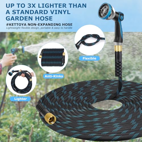 KETTOYA Non-Expanding Garden Hose 100 ft, Kink Free Flexible Water Hose with 10-Pattern Spray Nozzle, Lightweight Hose Pipe, Leak Proof, 3/4" Swivel Connectors, Super Fabric, Portable Storage Strap