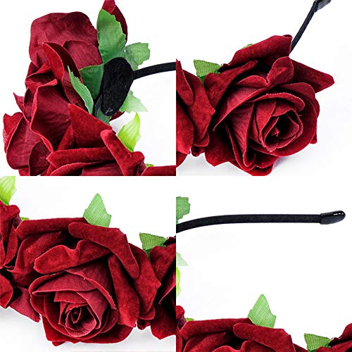 Rose Headband Flower Wreath Crown Hair Bands Big Floral Garland Christmas Hair Hoop Women Girl Hairband Party Decoration Headdress Cosplay Costume Headwear Handmade Headpiece Hair Accessories Burgundy - Thumbnail 5
