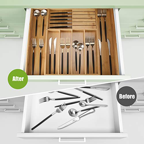  Bamboo Expandable Silverware Holder Drawer Organizer,Kitchen Cutlery And Wooden Utensil Tray Storage Drawers with Divider 13\