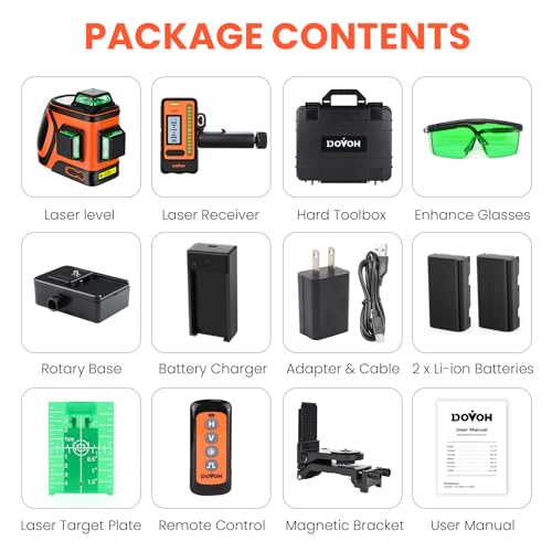 DOVOH Outdoor Laser Level with Receiver : Daylight High Visibility Laser Level 360 Self Leveling Up to 400ft Long Range 110mw High Power Green with Detector Outside Construction Landscaping, H3-360G