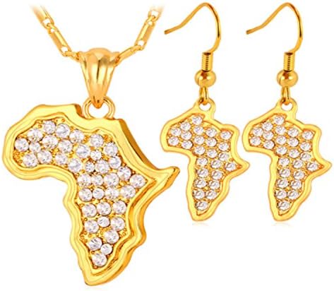 Africa Map Geometric Non Tarnish Stainless Steel Gold Plated Neacklace and Earring Jewelry Set with Gift Pouch (Gold)