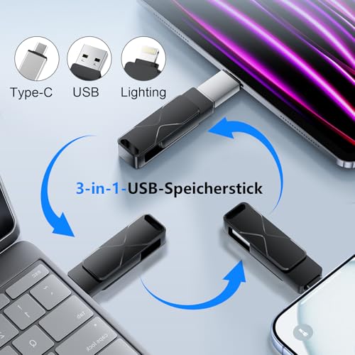 USB Flash Drive 256GB for iPhone iPad, MFi Certified Lightning 3-in-1 External Memory Stick, USB Flash Drive Compatible with iOS, MacBook, Android Smartphone, PC and Laptop