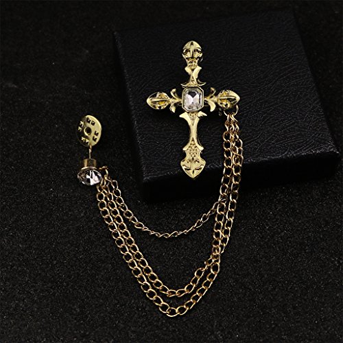 Kofun Brooch Pin, Men's Rhinestone Cross Chain Brooch Lapel Pin Shirt Suit Wedding Accessory Gift Gold