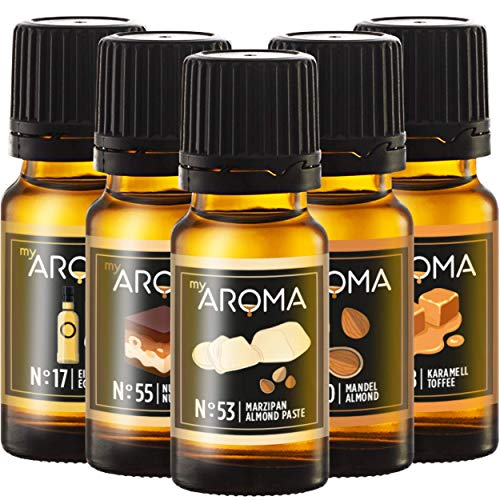 myAROMA Flavour Drops Set, Meisterbäcker 10mlx5, Karamell, Mandel, Nuss-Nougat, Eierlikör, Marzipan Flavour Set, Vegan Flavor Drops Zuckerfrei, Kalorienfrei Lebensmittelaroma zum Backen, und Trinken