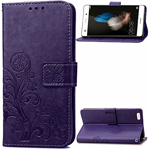 P8 Lite Cover Huawei P8 Lite Cover EMAXELER Stylish Wallet Cover Kickstand Flip Cover Credit Cards Slot Cash Pockets PU Leather Flip Wallet Cover with Stand For Huawei P8 Lite Clover Purple