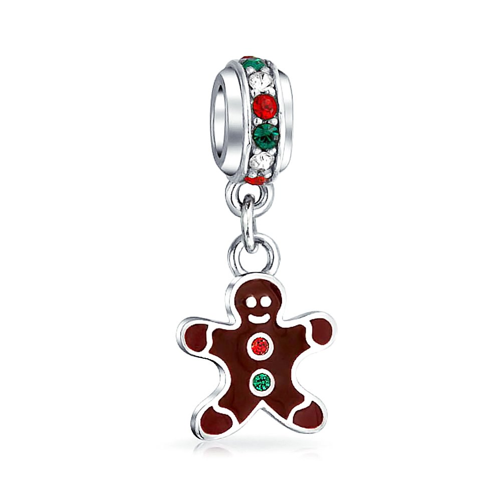 Bling Jewelry Holiday Fun Christmas Cookie Dangling Gingerbread Man Charm Bead For Women Teen Brown Enamel .925 Sterling Silver Fits European Bracelet